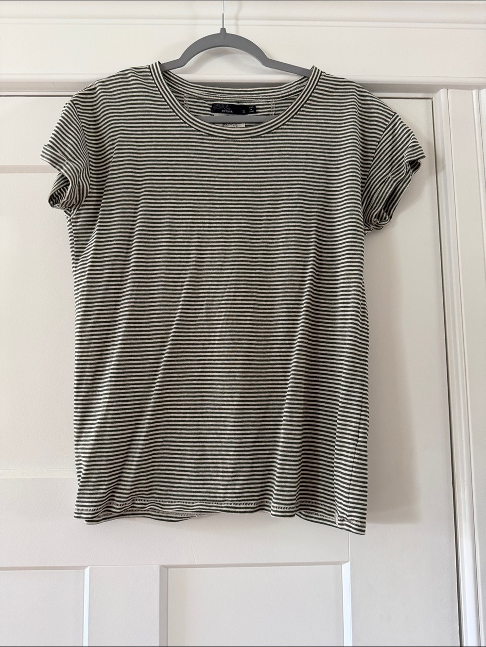 Prana Green and White Striped Short Sleeve Crew Tee
